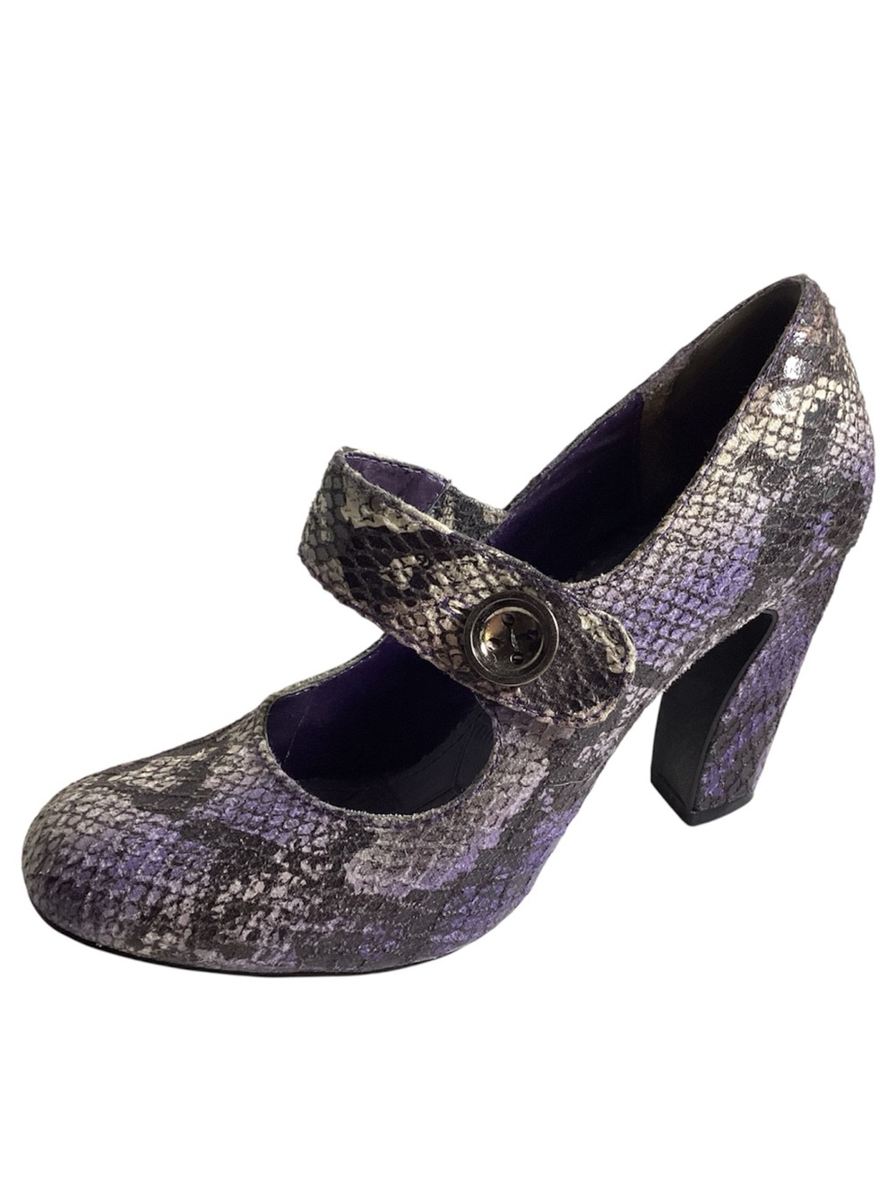 Mary Jane Y2K Heels Purple Gray Snake Print Sculpted Block Heel Women’s Size 8